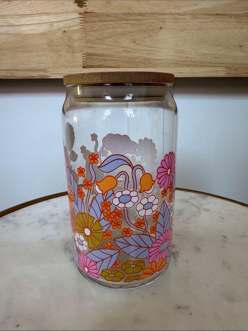 Glass drink cup with Floral Retro Print - Pink & Orange